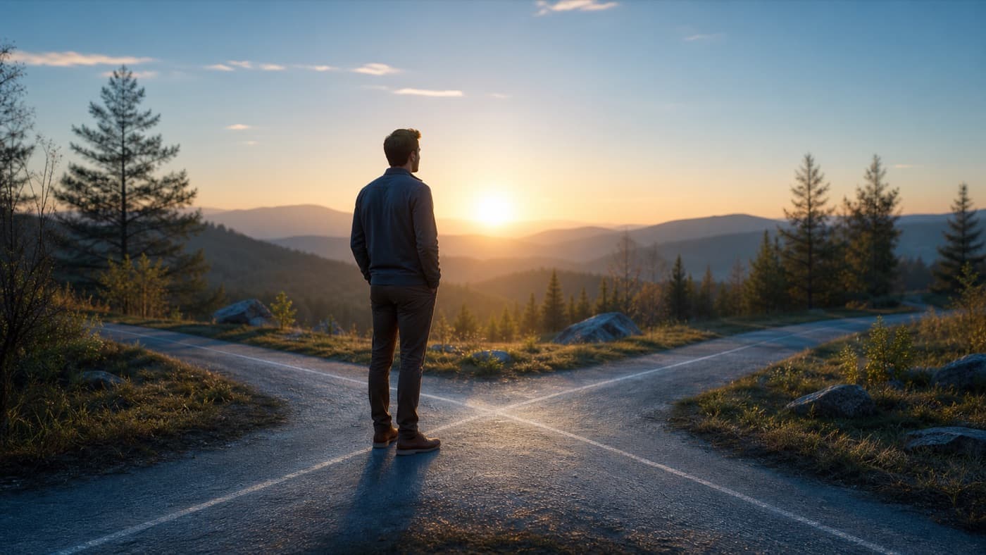 A professional considering intersecting paths at sunrise as a metaphor for Ikigai