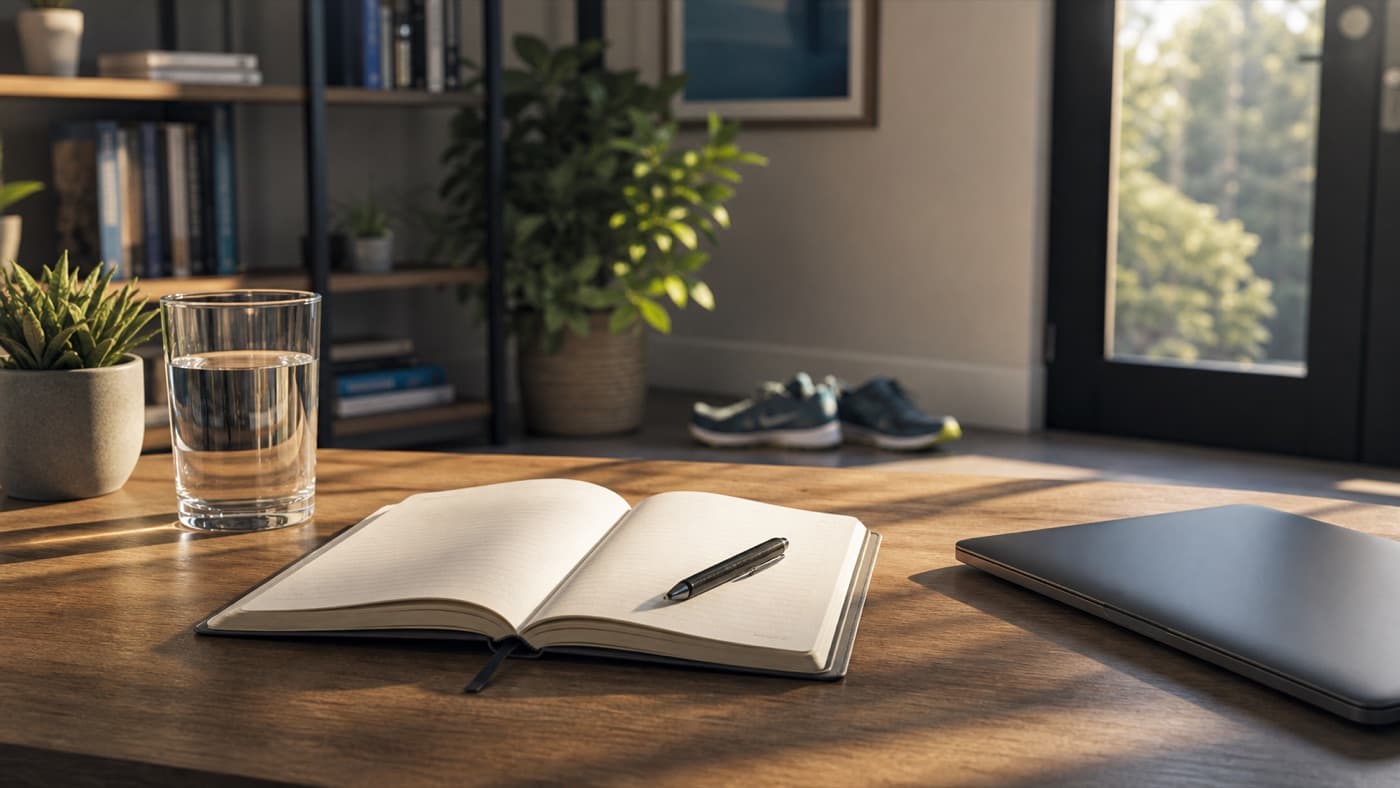 A calm morning setup with a journal, water, and running shoes for success habits
